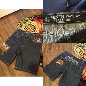 Ninth Waylay Men's Embroidered Denim Shorts - Dark Blue
